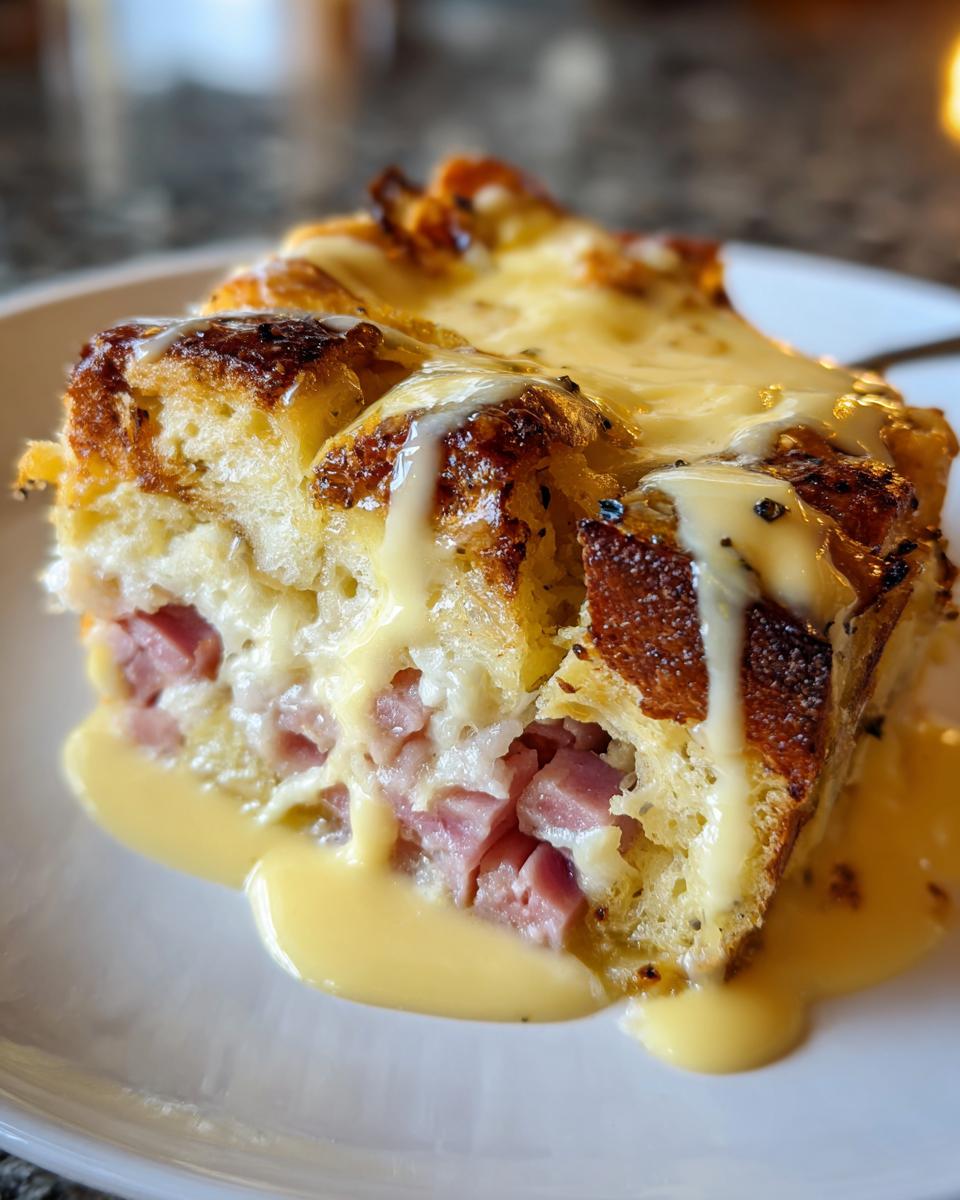 Close-up of a serving of eggs benedict casserole featuring bread, ham chunks, and topped with rich, dripping hollandaise sauce.