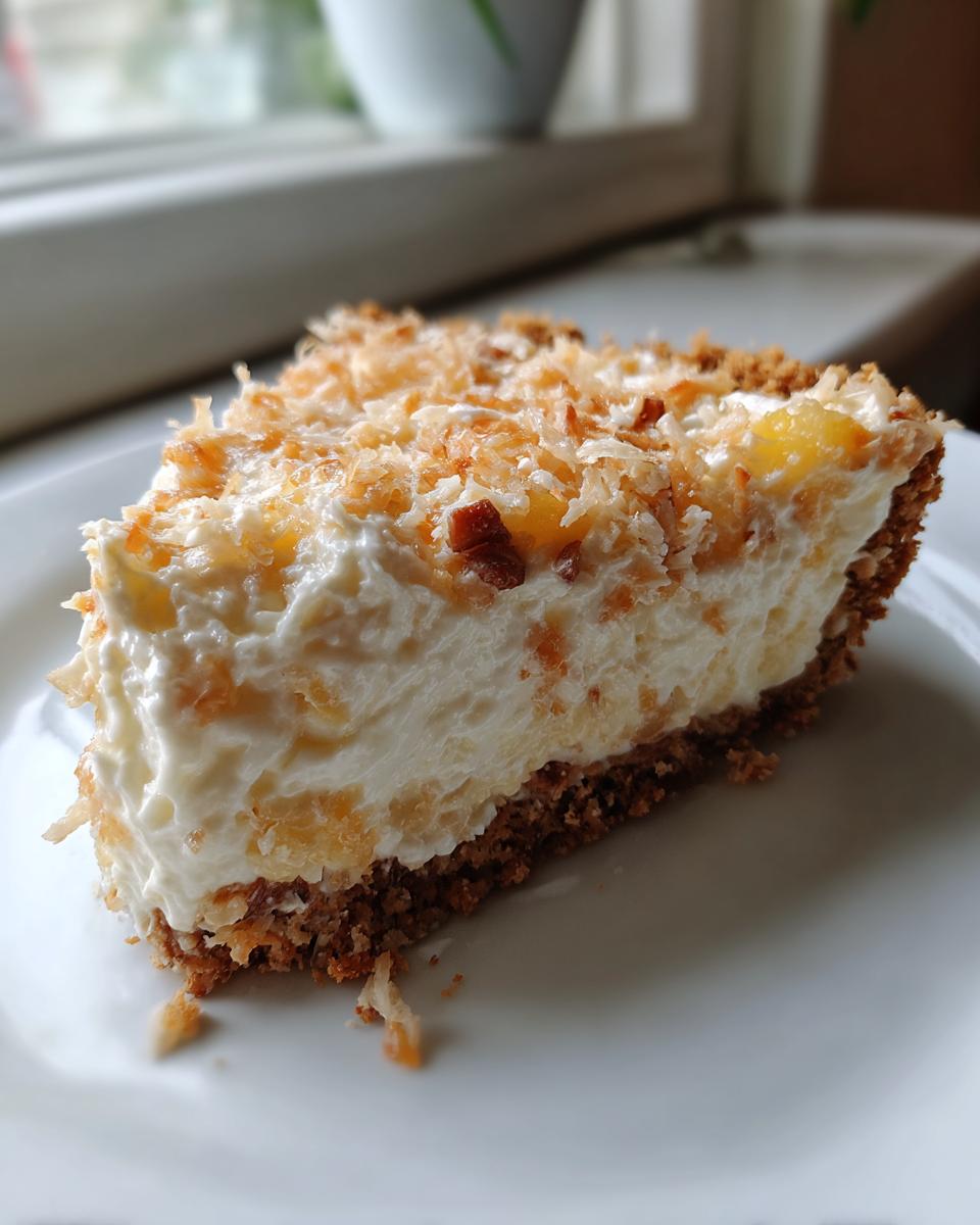 A close-up slice of rich, creamy Million Dollar Pie with a graham cracker crust, topped with toasted coconut.