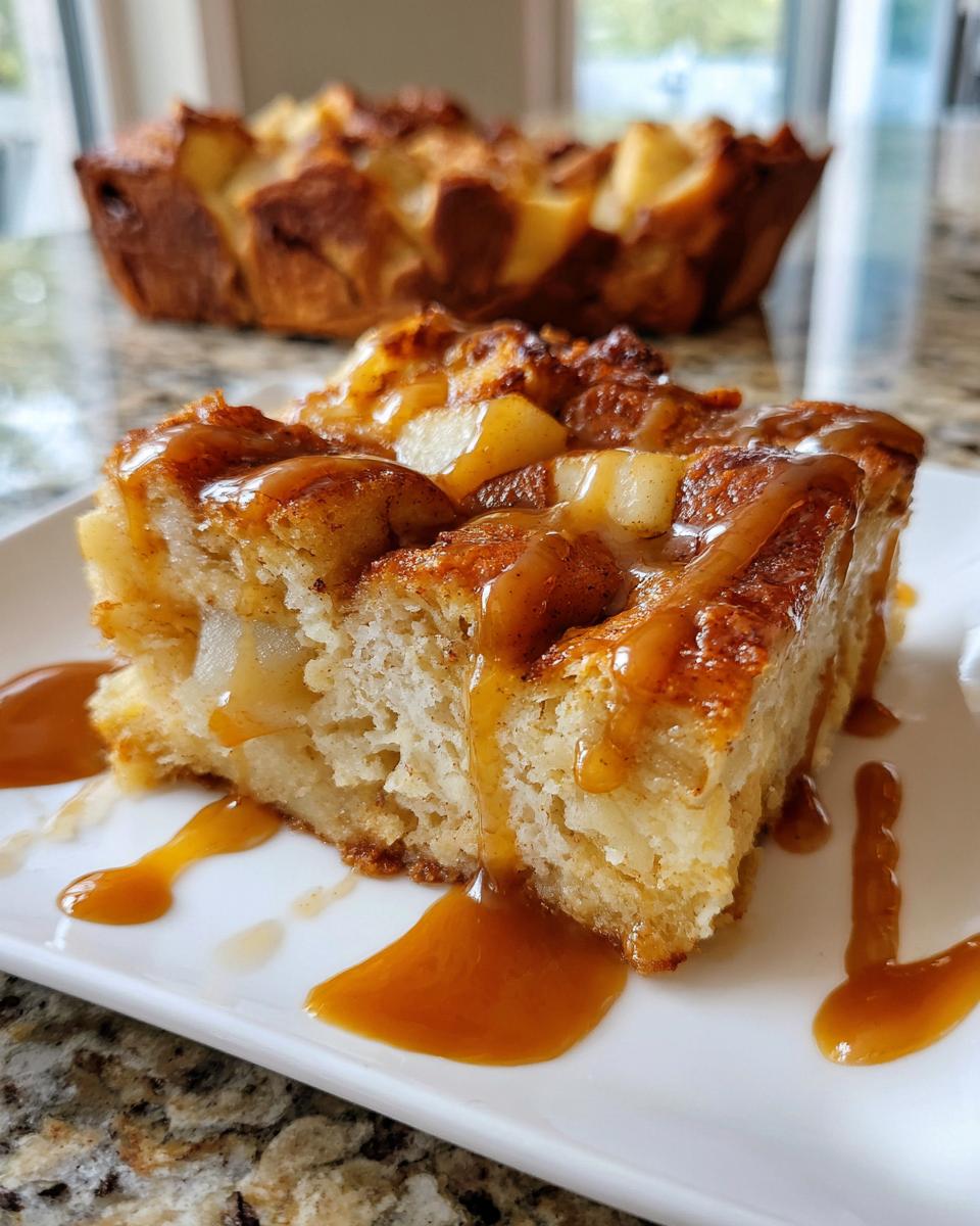 A close-up of a slice of apple bread pudding topped with generous caramel sauce, with the rest of the loaf blurred in the background.