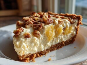 A close-up slice of creamy Million Dollar Pie featuring a graham cracker crust, pineapple chunks, and a pecan topping.