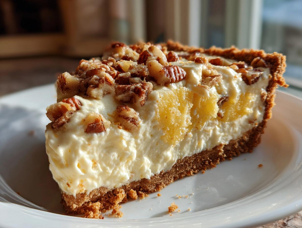 A close-up slice of creamy Million Dollar Pie featuring a graham cracker crust, pineapple chunks, and a pecan topping.