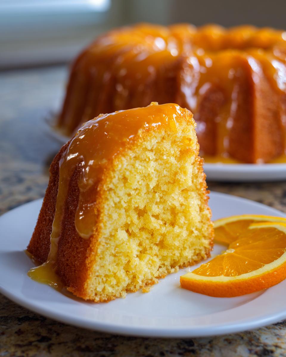 A moist slice of orange juice cake topped with thick orange glaze, served with orange slices.
