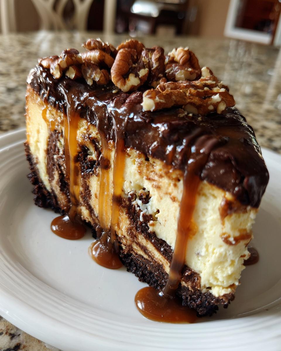 A rich slice of marble turtle cheesecake topped with chocolate, caramel drizzle, and whole pecans.