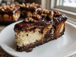 A decadent slice of turtle cheesecake topped with rich chocolate ganache, caramel drizzle, and pecans.