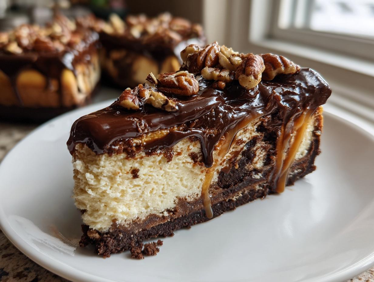 A decadent slice of turtle cheesecake topped with rich chocolate ganache, caramel drizzle, and pecans.