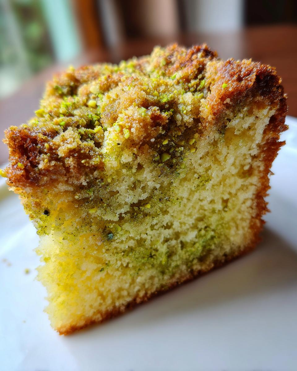 Close-up of a moist slice of pistachio coffee cake showing the green pistachio swirl and crunchy crumb topping.