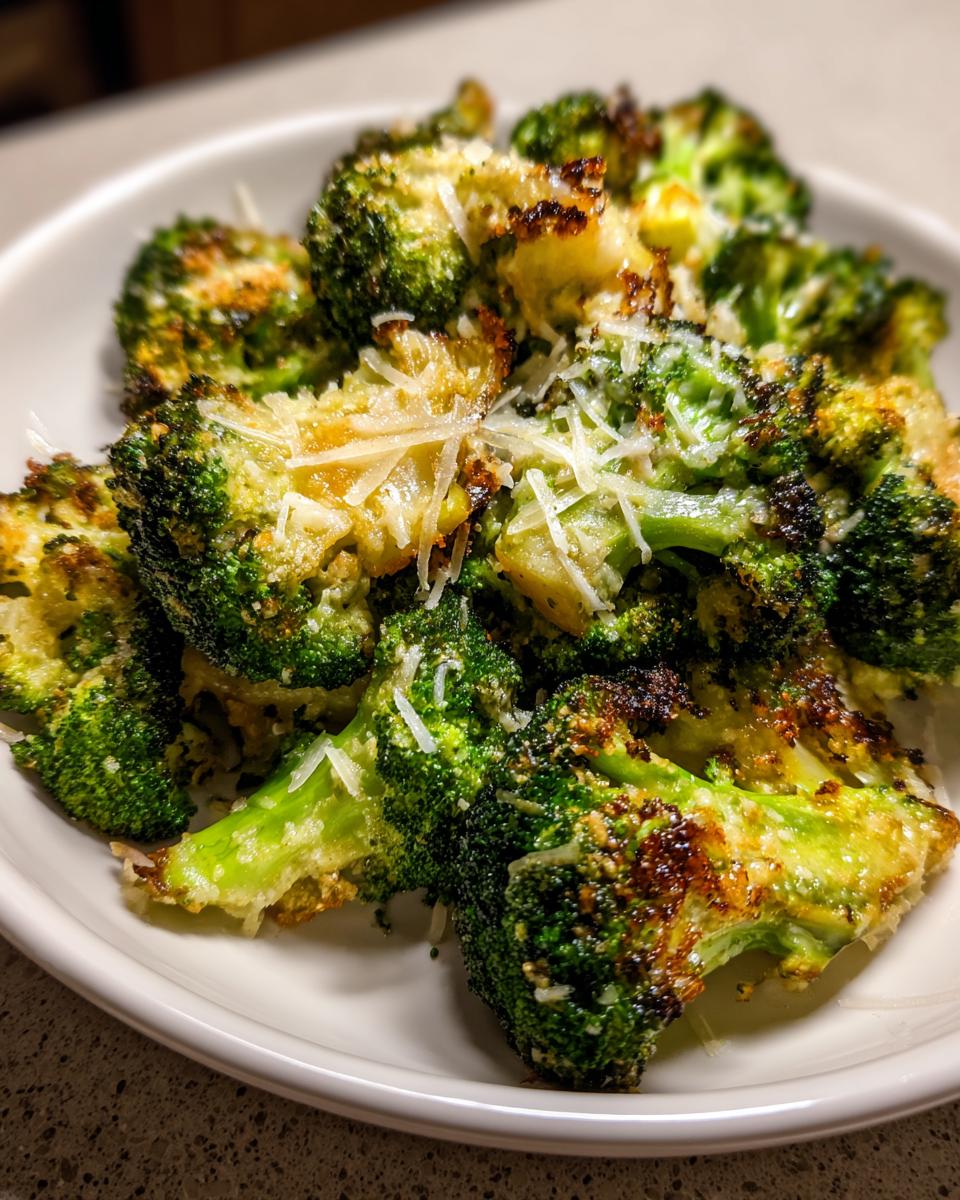 Close-up of crispy, roasted smashed broccoli florets topped with freshly grated Parmesan cheese.
