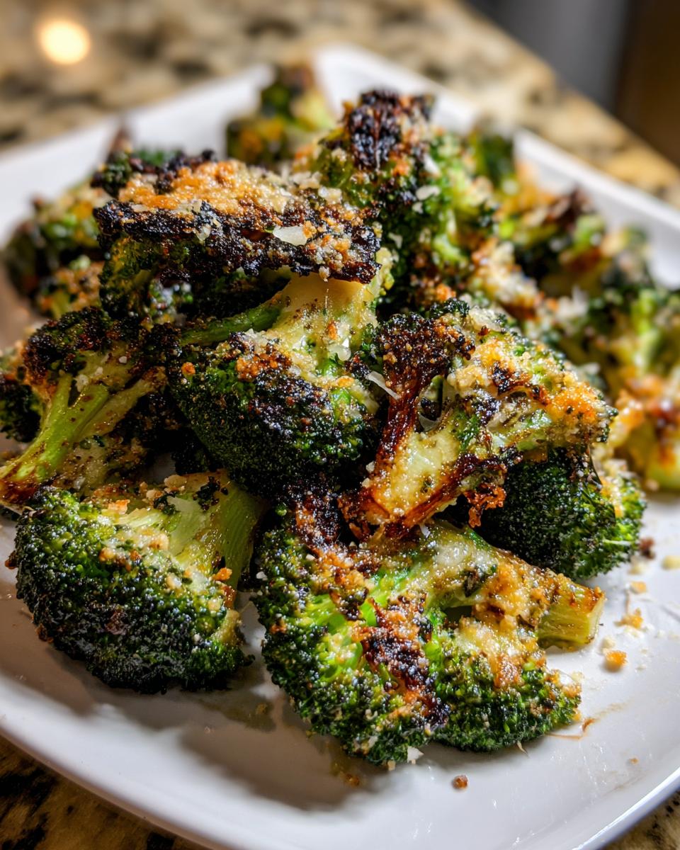 Close-up of crispy, charred smashed broccoli florets topped with grated Parmesan cheese.