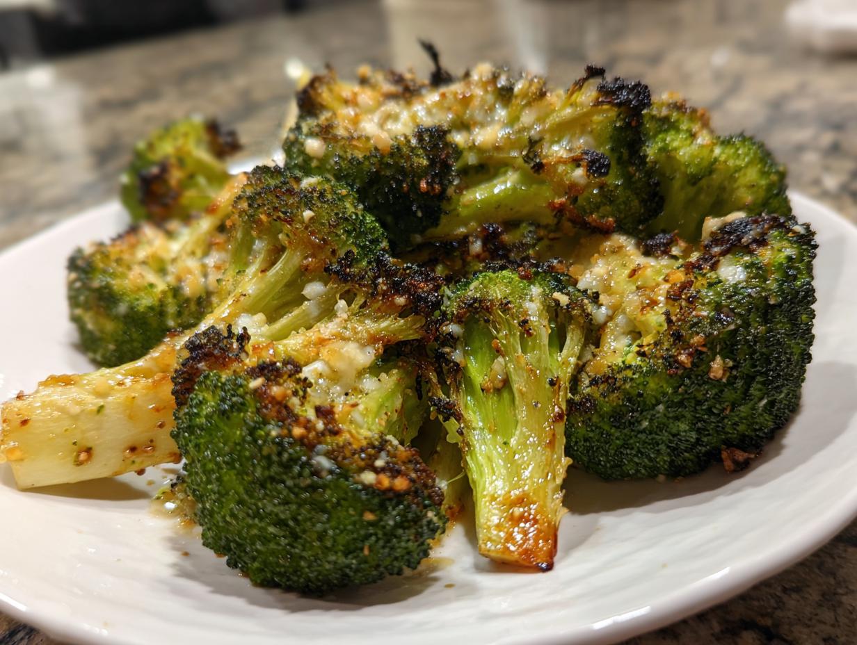 Close-up of perfectly roasted and slightly charred smashed broccoli florets topped with melted cheese.
