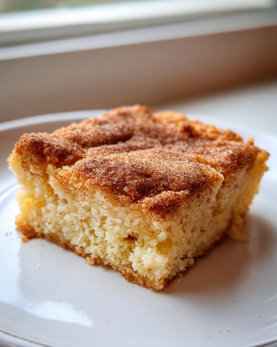 A close-up shot of a square piece of soft snickerdoodle blondies topped generously with cinnamon sugar.