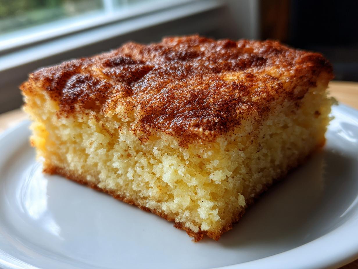 A square slice of moist snickerdoodle blondies with a golden crumb and a rich, dark cinnamon-sugar topping, served on a white plate.