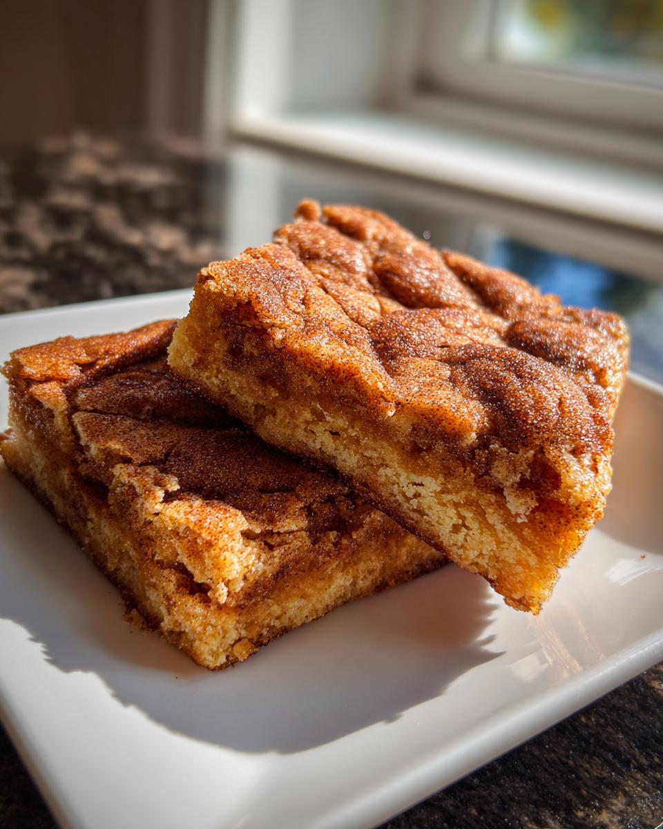Two stacked, golden snickerdoodle blondies with a rich cinnamon-sugar topping, sitting on a white square plate.