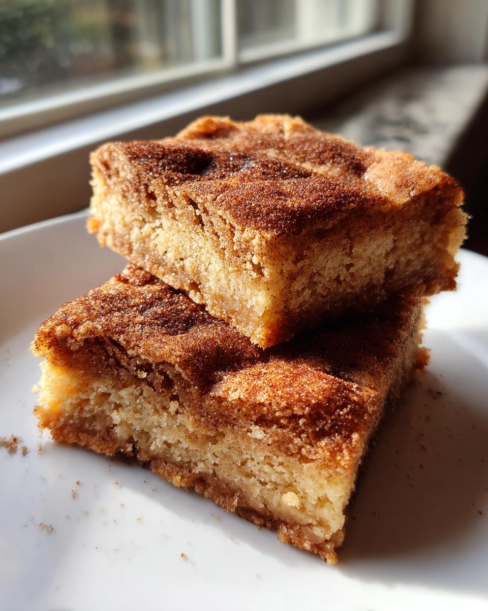 Two stacked squares of chewy snickerdoodle blondies, generously topped with cinnamon sugar, sitting on a white plate.