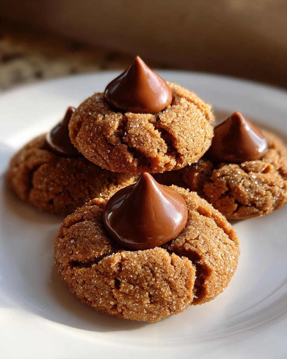 A stack of soft peanut butter blossom cookies coated in sugar, each topped with a melted chocolate kiss.