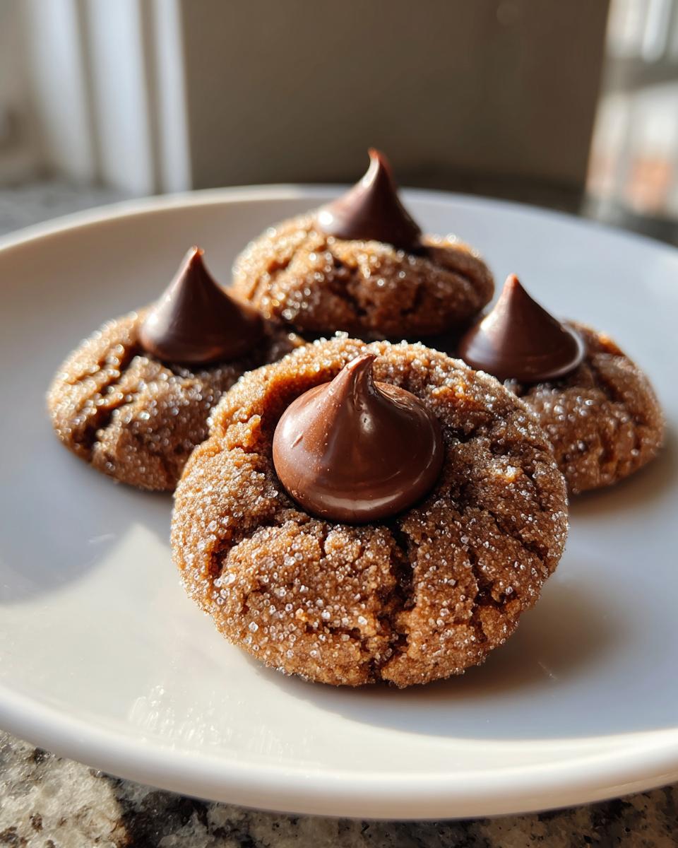 Four soft peanut butter blossom cookies, rolled in sugar and topped with a chocolate kiss, resting on a white plate.