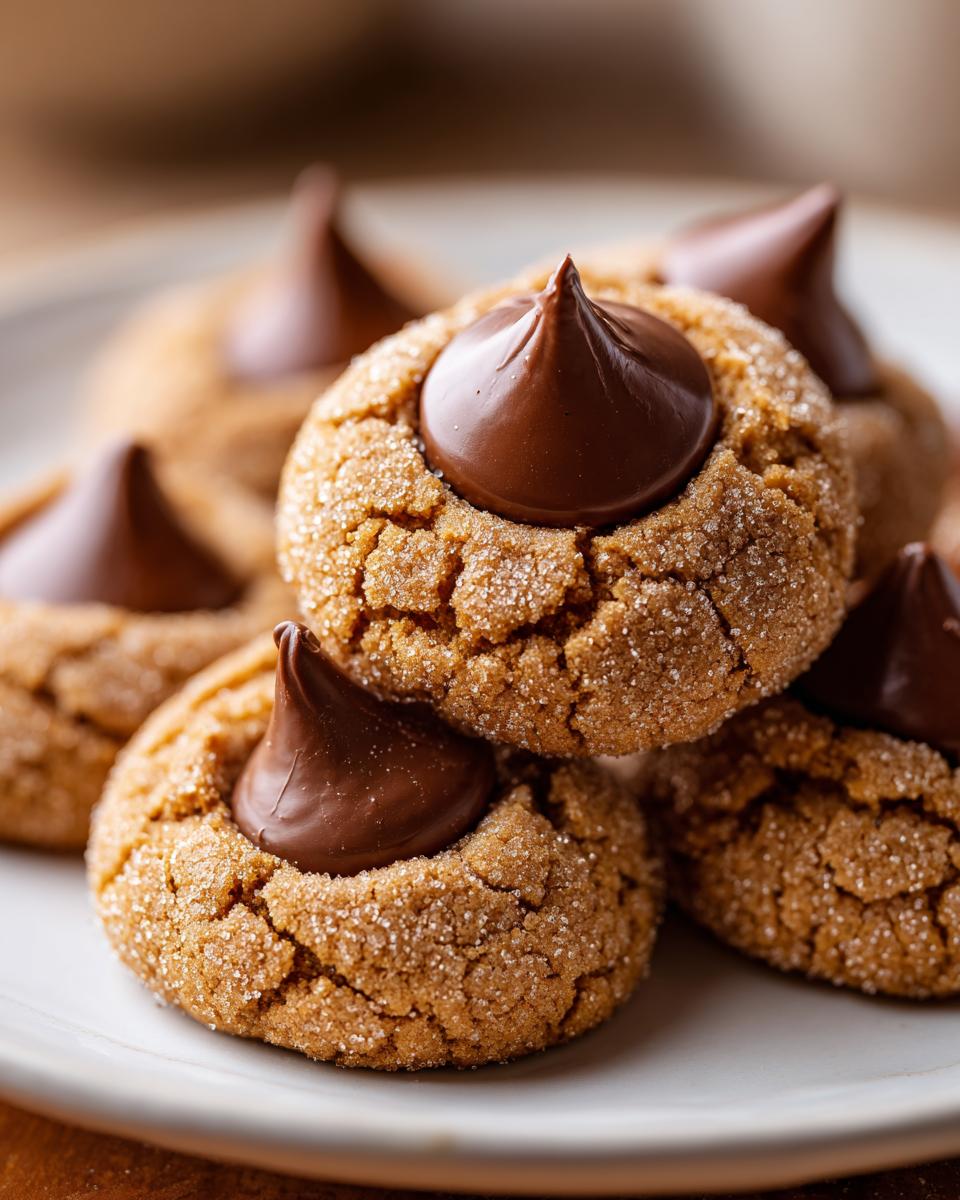 A close-up stack of soft peanut butter blossom cookies rolled in sugar, each topped with a melted chocolate kiss.