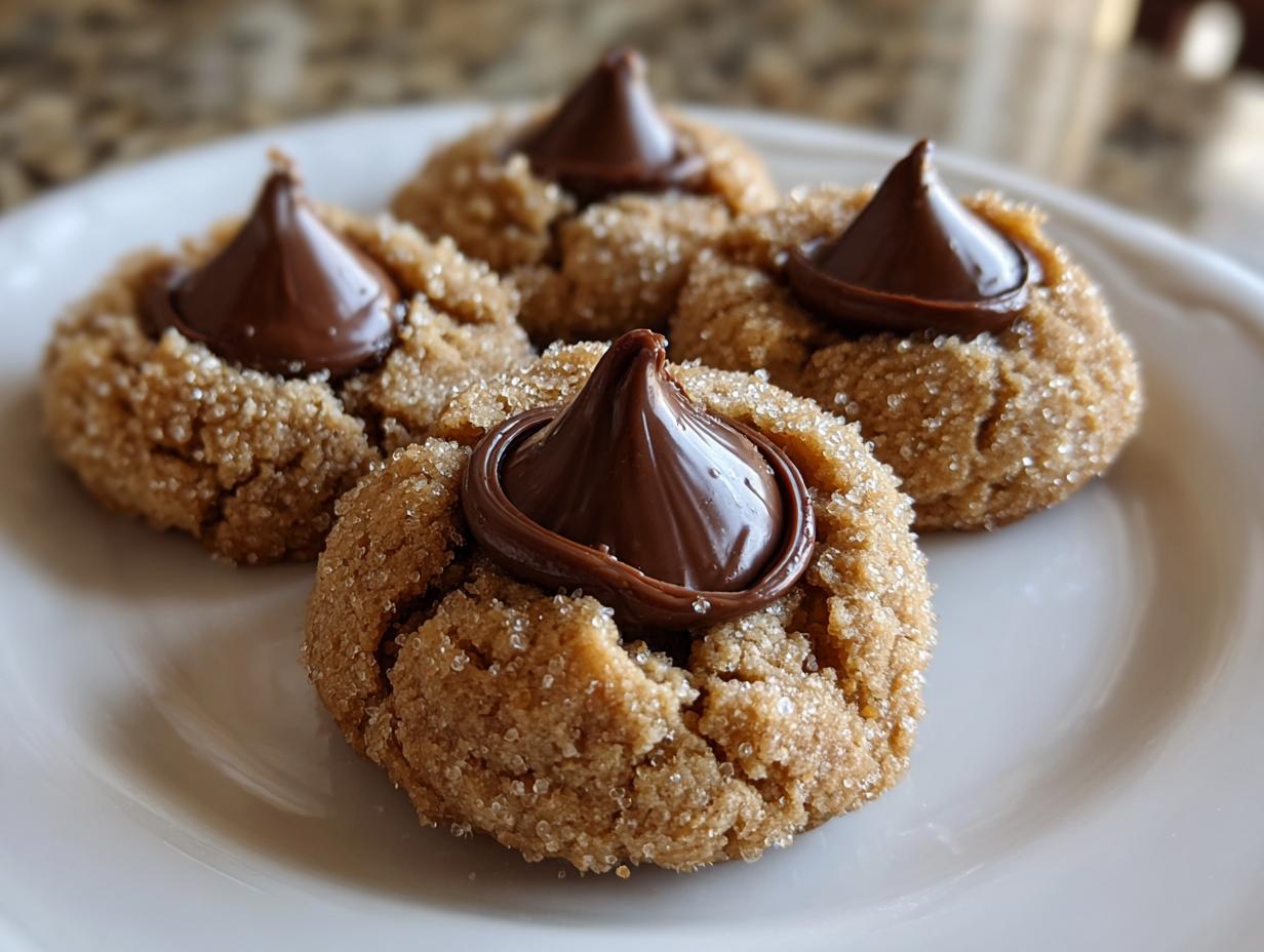 Four soft peanut butter blossom cookies rolled in sugar, each topped with a melted chocolate kiss.