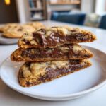 Three halves of soft pudding cookies stacked, showing a gooey, melted chocolate center.