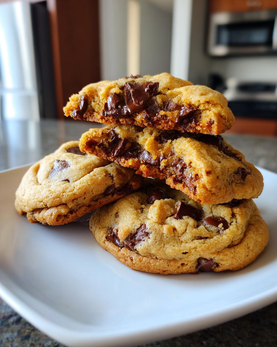 A stack of soft, gooey chocolate chip pudding cookies, with the top two broken open to show melted chocolate centers.