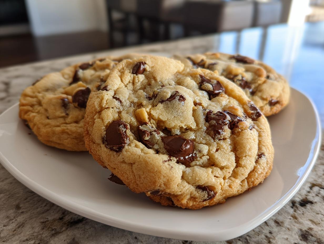 Three soft, thick chocolate chip pudding cookies stacked slightly on a white plate.