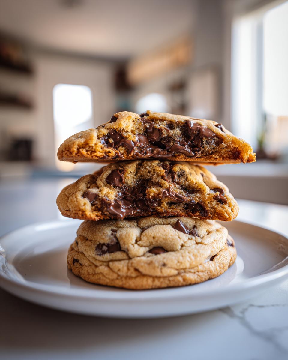 Stack of three soft pudding cookies, two halves showing a gooey, melted chocolate interior.
