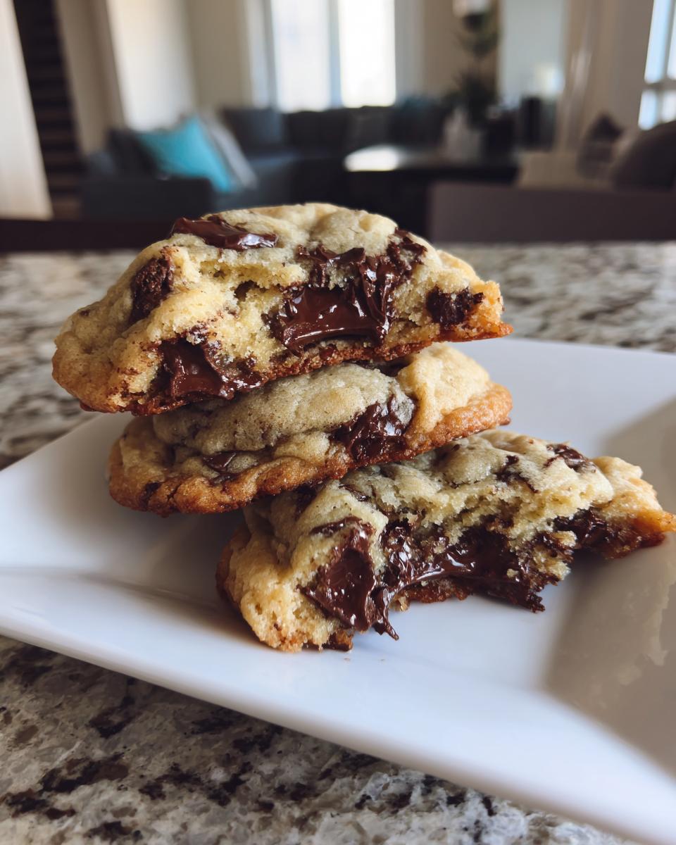 A stack of three soft, gooey pudding cookies with melted chocolate chips, served on a white plate.