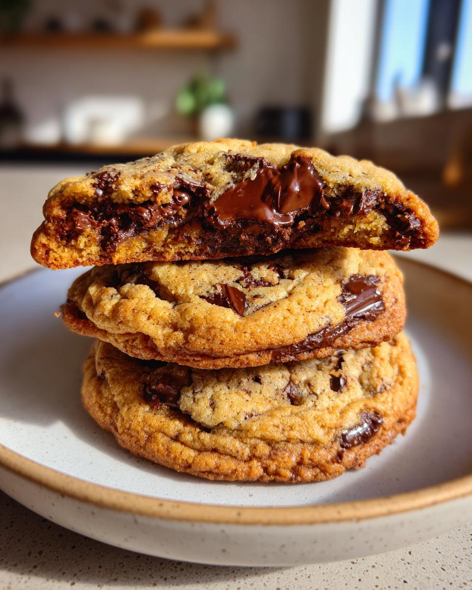 A stack of three soft, gooey chocolate chip pudding cookies, with the top one broken open revealing melted chocolate.
