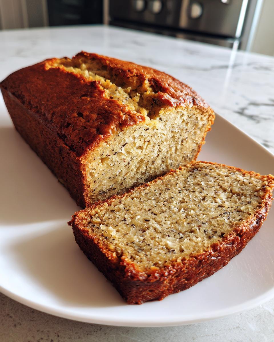 A golden-brown sourdough banana bread loaf with one slice cut and resting against it on a white plate.