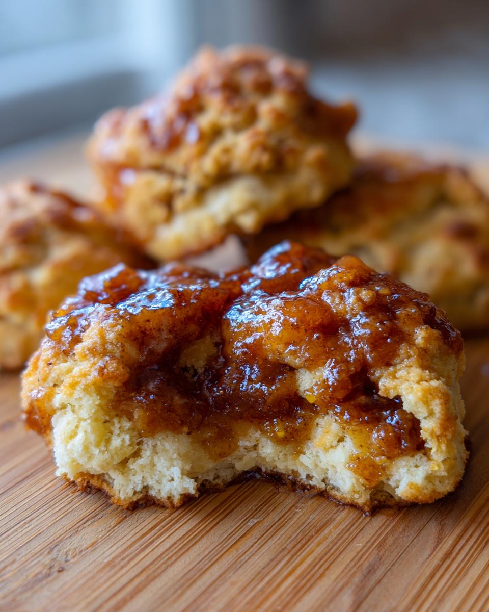 A bite taken out of a biscuit-style southern peach cobbler piece topped with caramelized peach filling.