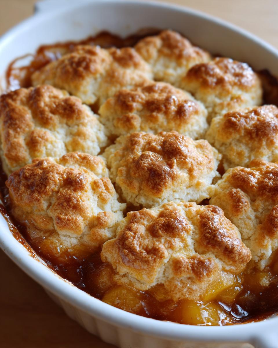 Close-up of golden brown biscuit topping over bubbling fruit filling in a southern peach cobbler baked in a white oval dish.