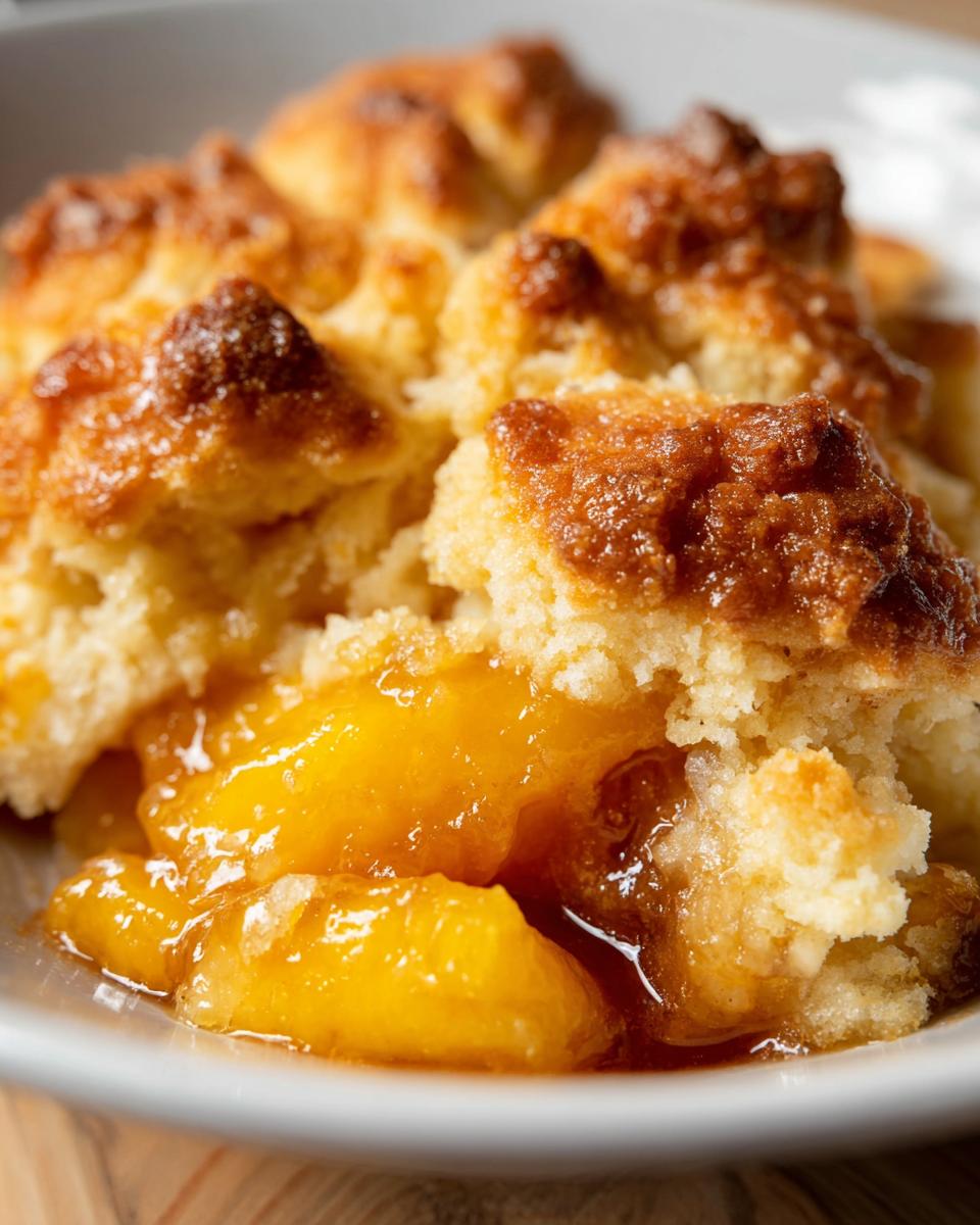 A close-up view of a serving of southern peach cobbler showing juicy, syrupy peaches beneath a golden, slightly crisp biscuit topping.