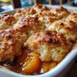 Close-up of freshly baked southern peach cobbler showing bubbly, syrupy peaches beneath a golden, biscuit-like topping.