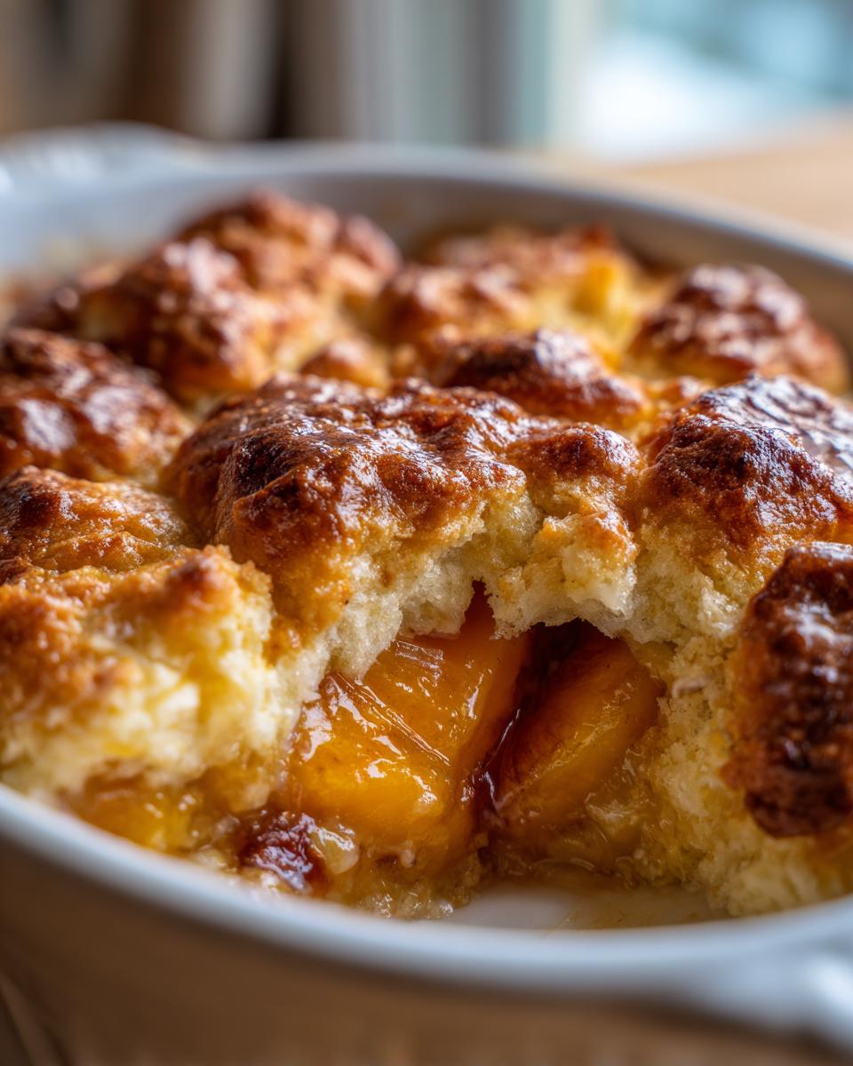 Close-up of a serving spoon breaking into a golden-brown southern peach cobbler, revealing warm, syrupy peach filling.