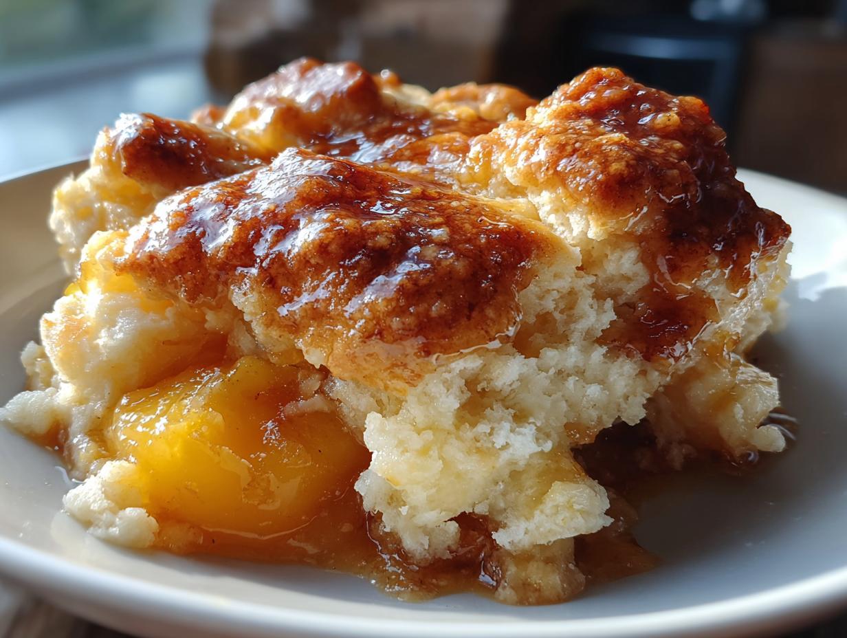 Close-up of a warm serving of southern peach cobbler, showing soft biscuit topping drenched in sweet, golden syrup.