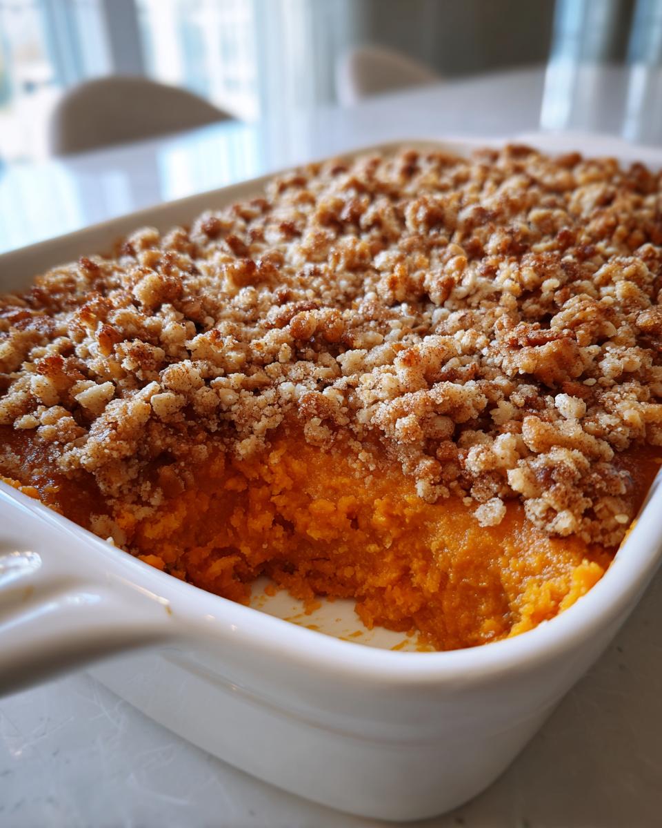Close-up of a rich orange southern sweet potato casserole topped with a thick, crunchy pecan crumble topping.