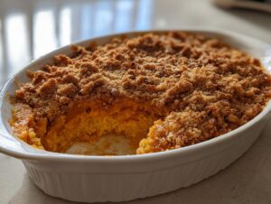 A close-up of a baked southern sweet potato casserole in a white dish, featuring a thick, golden brown pecan crumble topping.