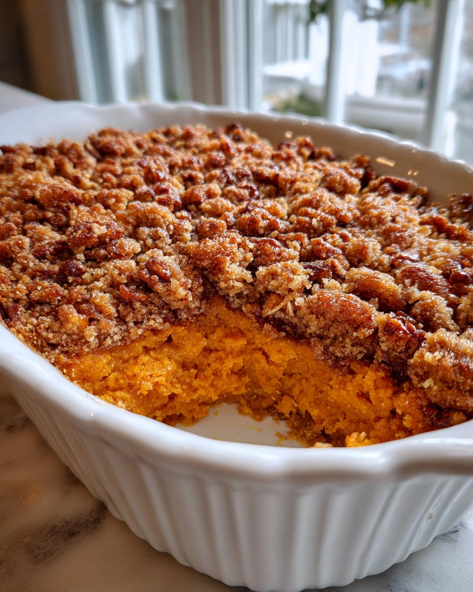 A scoop removed from a rich southern sweet potato casserole topped with a crunchy pecan streusel.