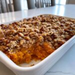 Close-up of a creamy southern sweet potato casserole topped with a crunchy pecan streusel topping in a white baking dish.