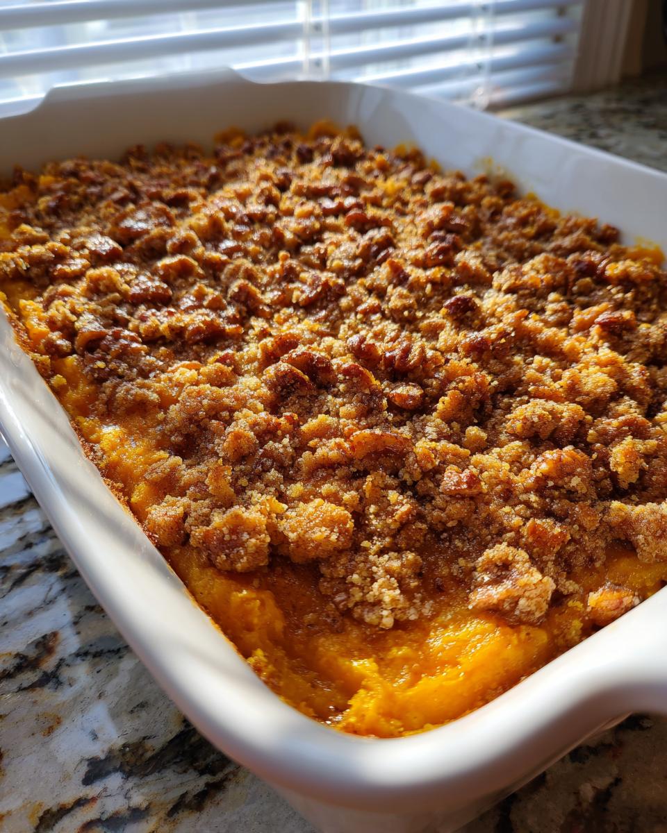 Close-up of a baked southern sweet potato casserole in a white dish, featuring a thick, crunchy pecan crumble topping.