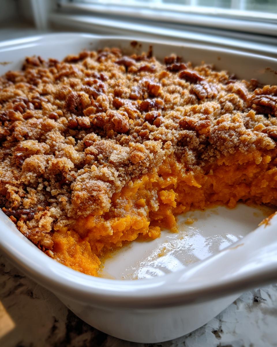 A close-up of a baked southern sweet potato casserole in a white dish, showing the vibrant orange filling and a thick, crunchy pecan topping.