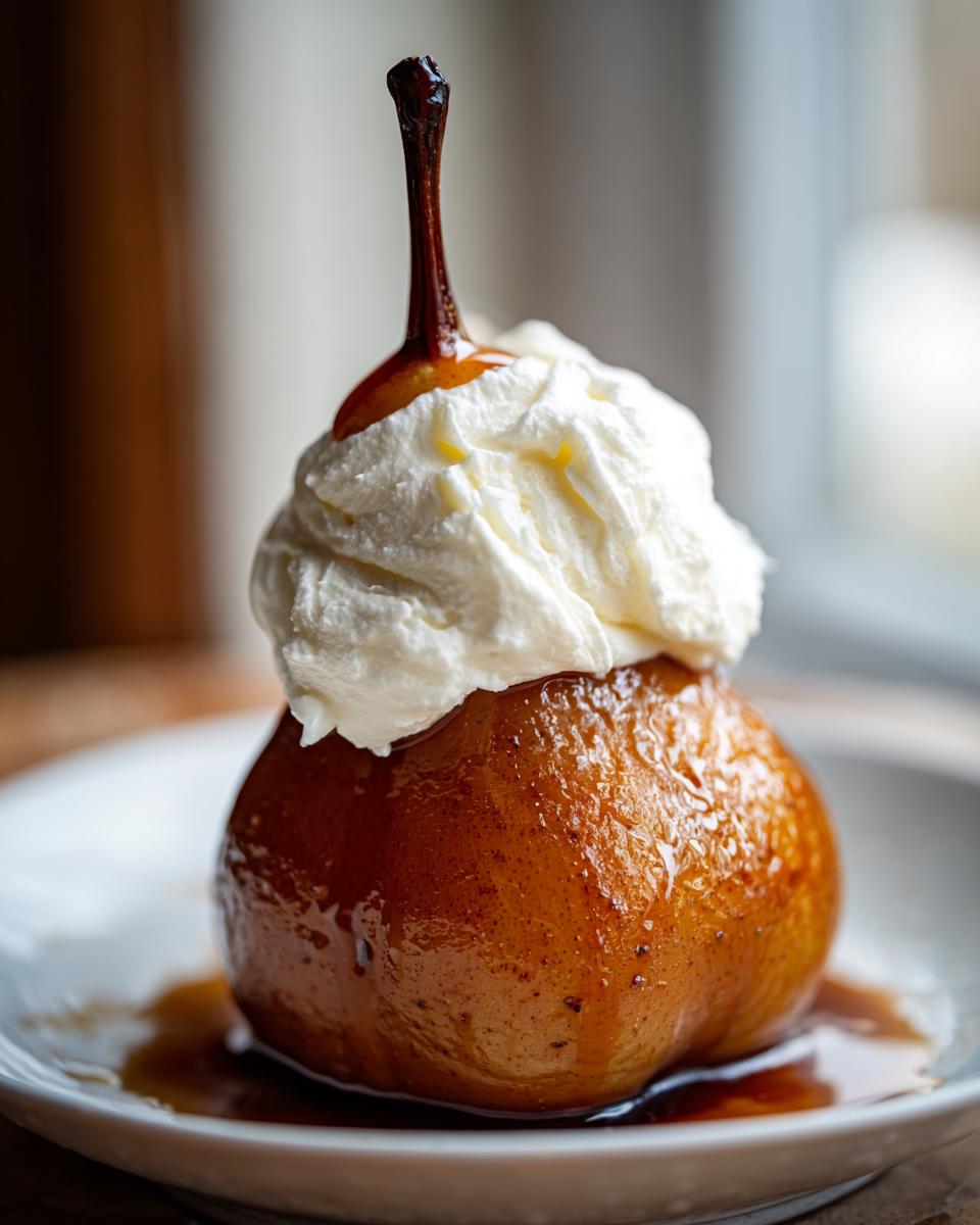 A single, glistening, spiced poached pear topped with a dollop of whipped cream, served on a white plate.