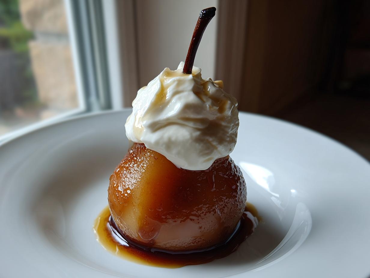 A beautifully glazed poached pear topped with whipped cream, served in a white bowl with syrup.