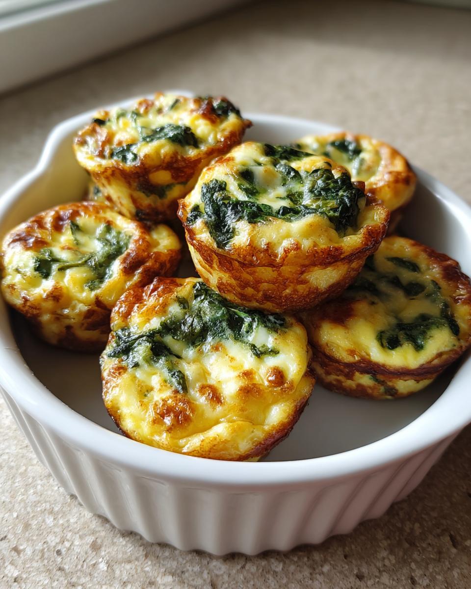 A close-up of several baked spinach and cheese egg bites piled in a white ramekin.