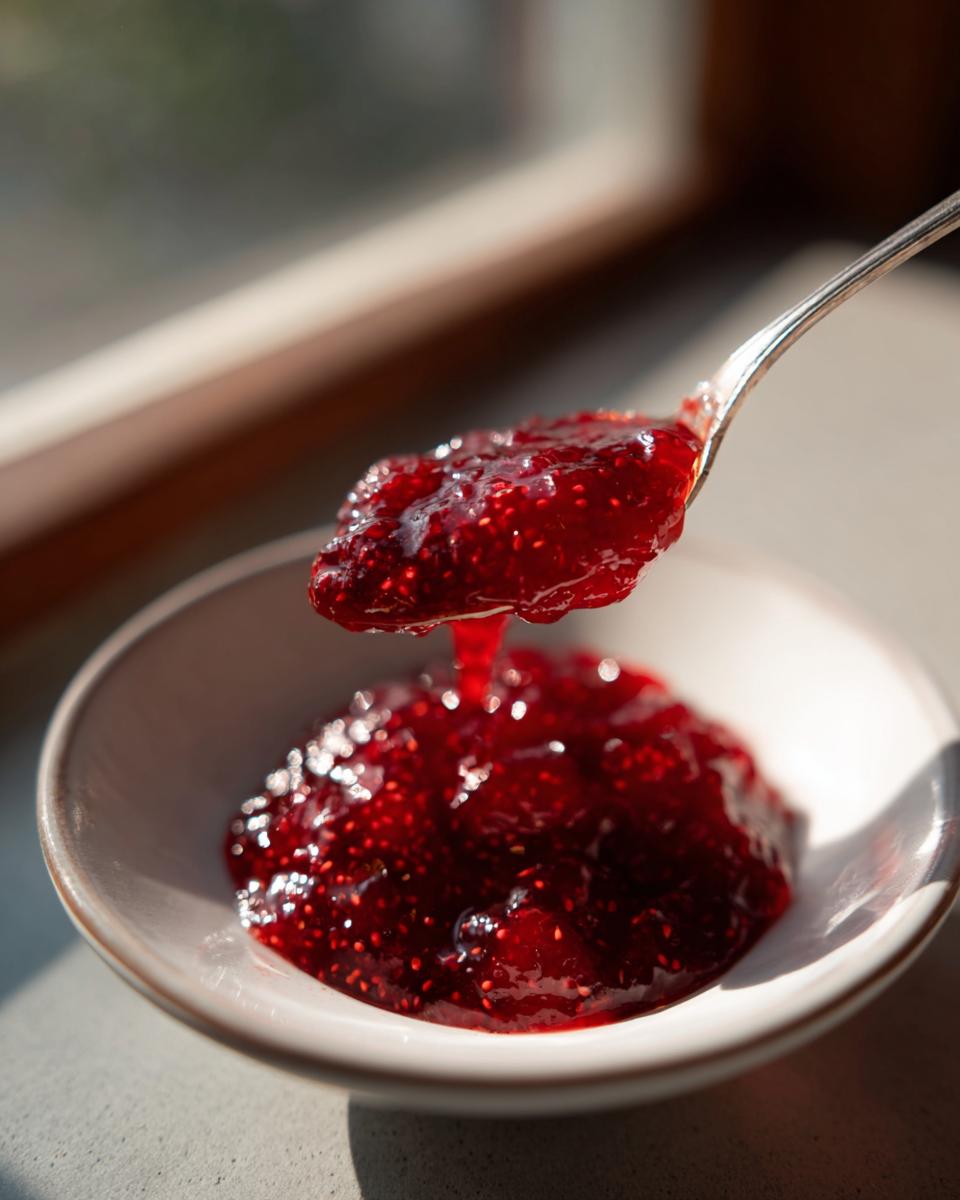 A silver spoon lifts a glistening dollop of thick, seed-filled raspberry jam from a small white bowl.