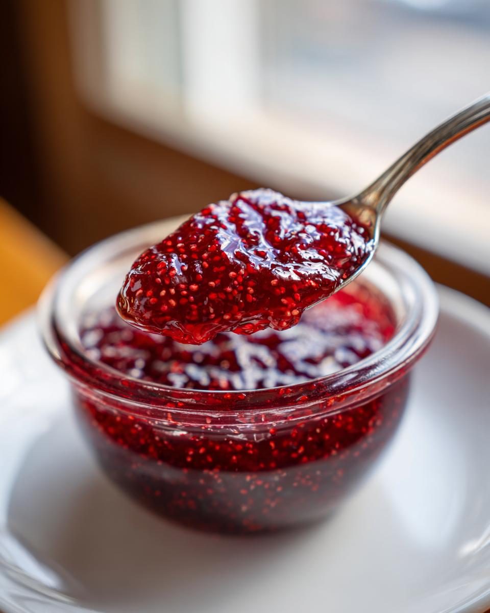 A spoonful of thick, vibrant red raspberry jam, rich with visible seeds, being lifted from a small glass jar.