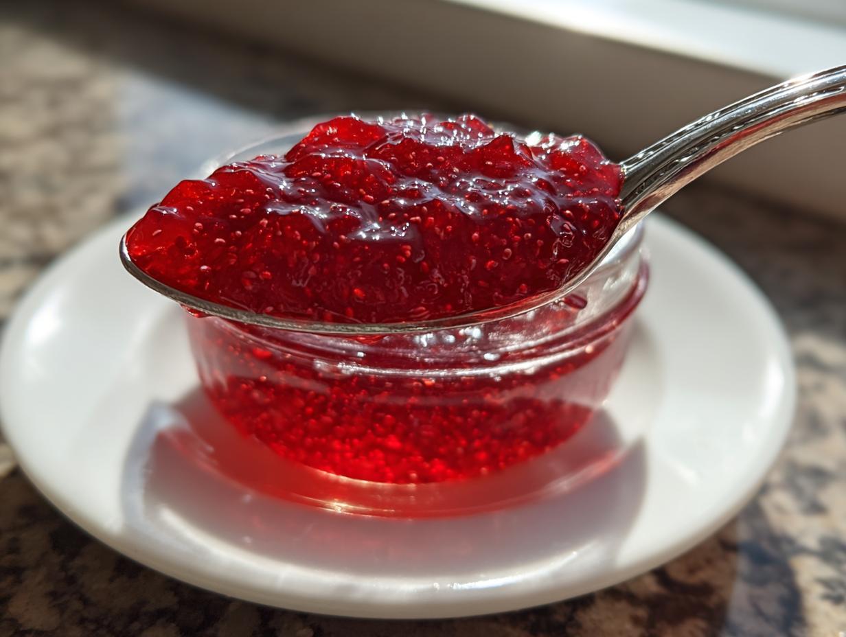 A spoonful of glistening, bright red raspberry jam being lifted from a small glass jar.