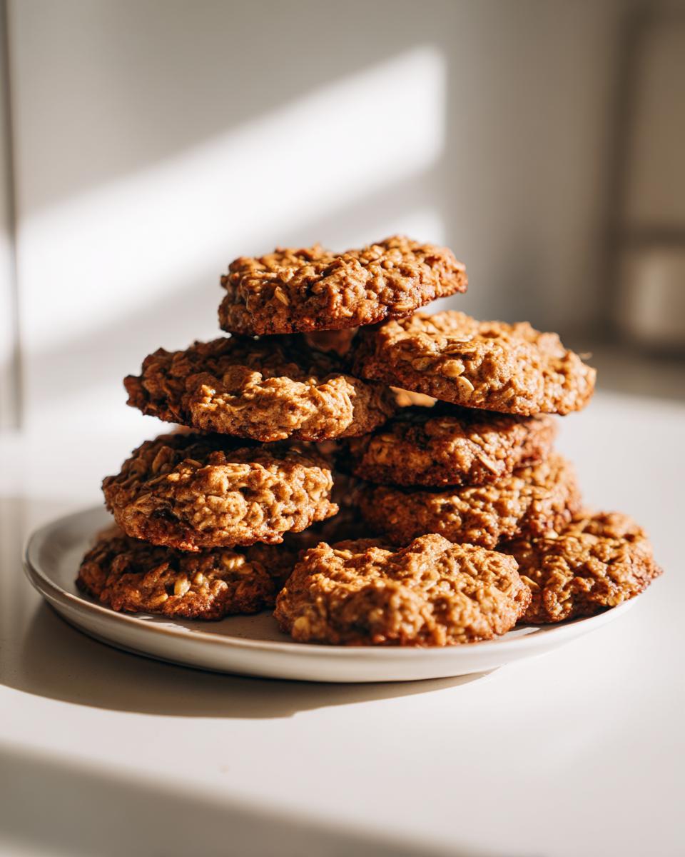 A tall stack of freshly baked banana oatmeal cookies piled high on a small white plate.