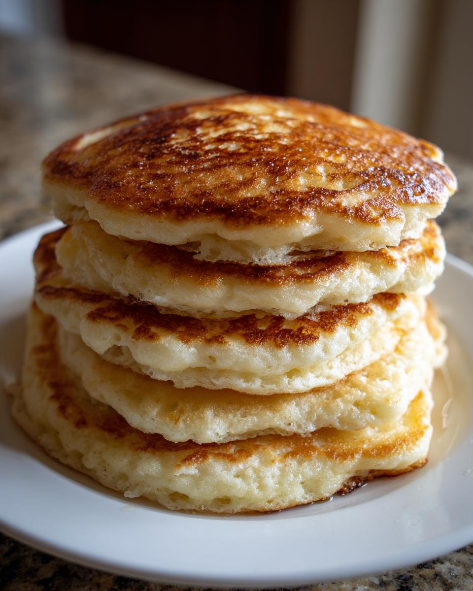 A tall stack of five thick, golden brown fluffy pancakes served on a white plate.