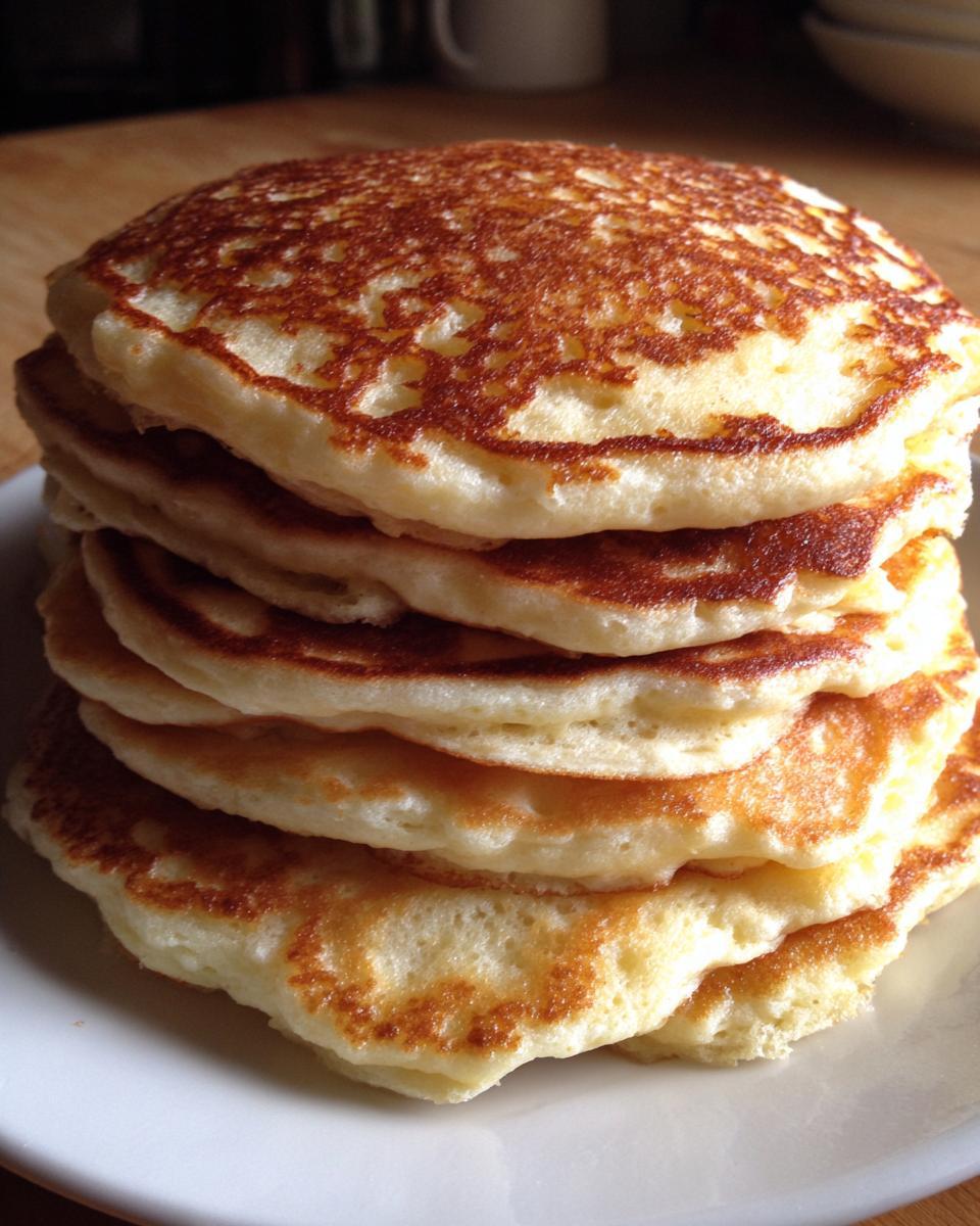 A tall stack of five golden brown, fluffy pancakes served on a white plate.