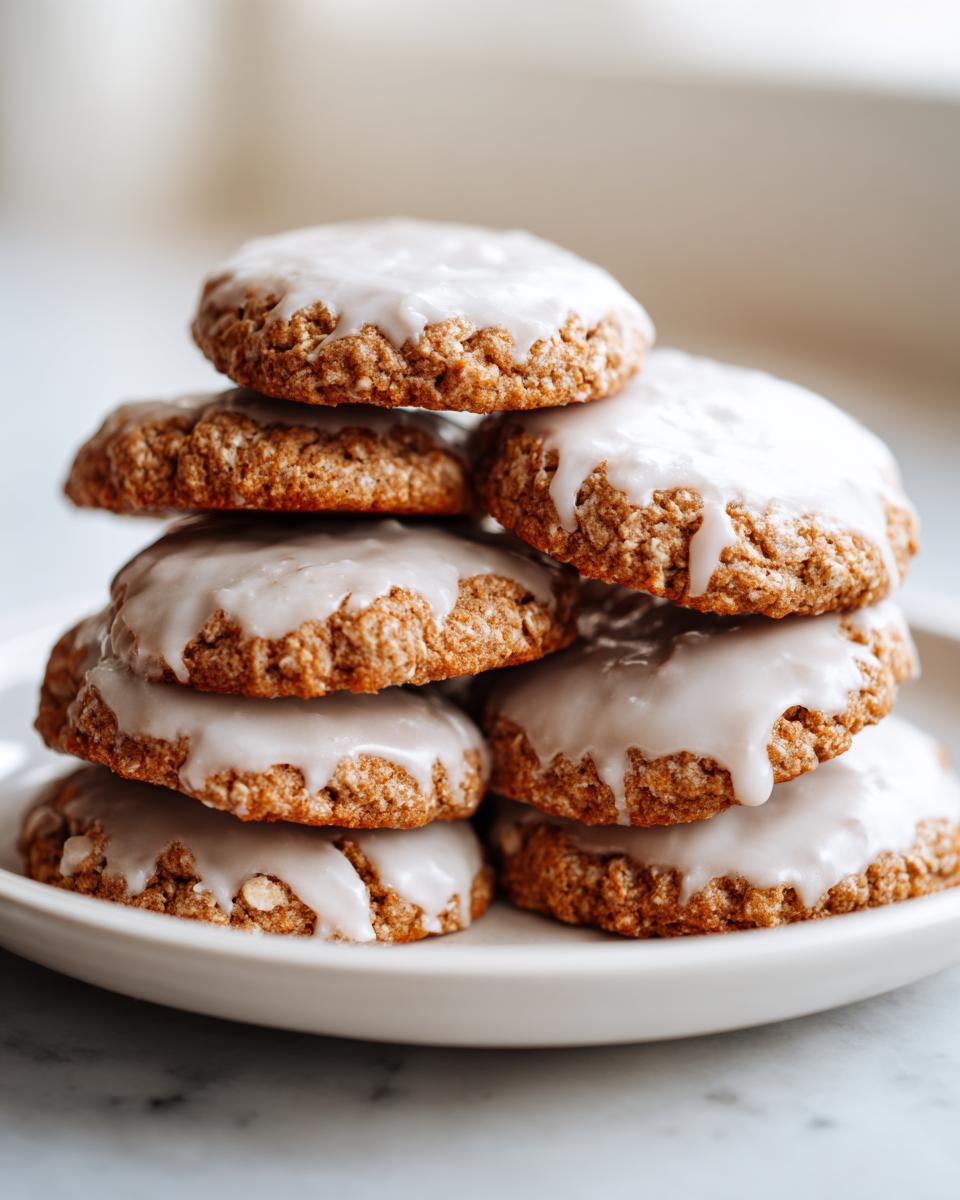 A tall stack of soft, brown iced oatmeal cookies topped with a thick white glaze dripping down the sides.